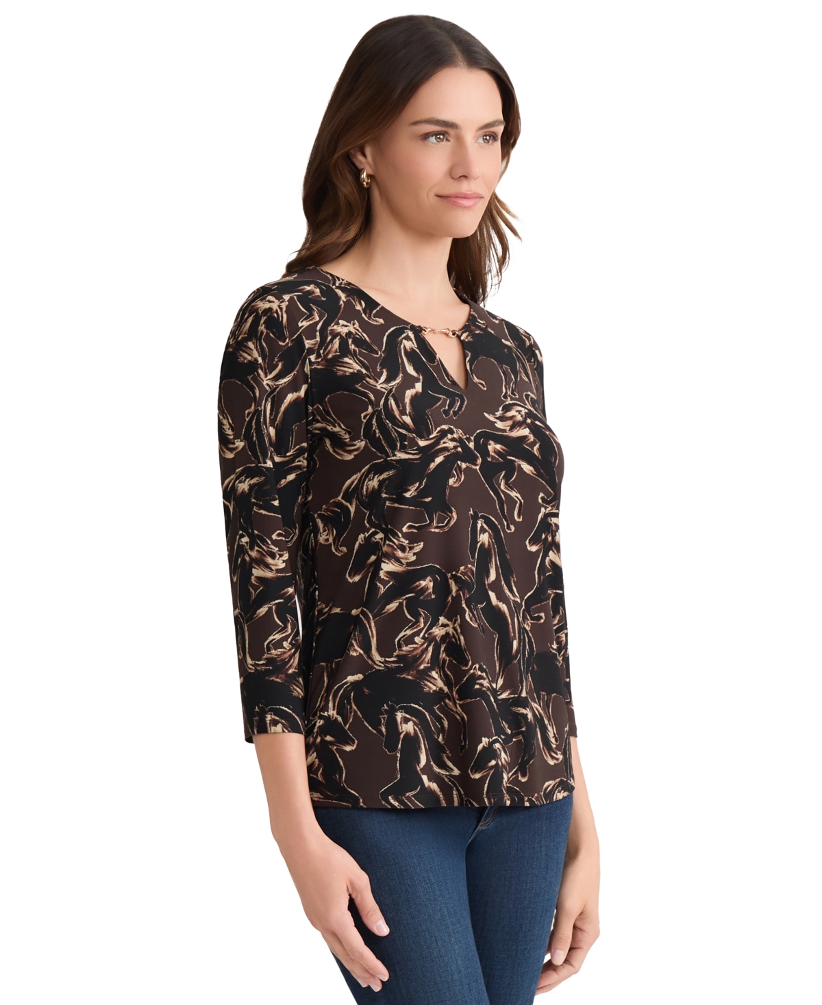Jones New York Floral V-neck Jersey Top In Brown