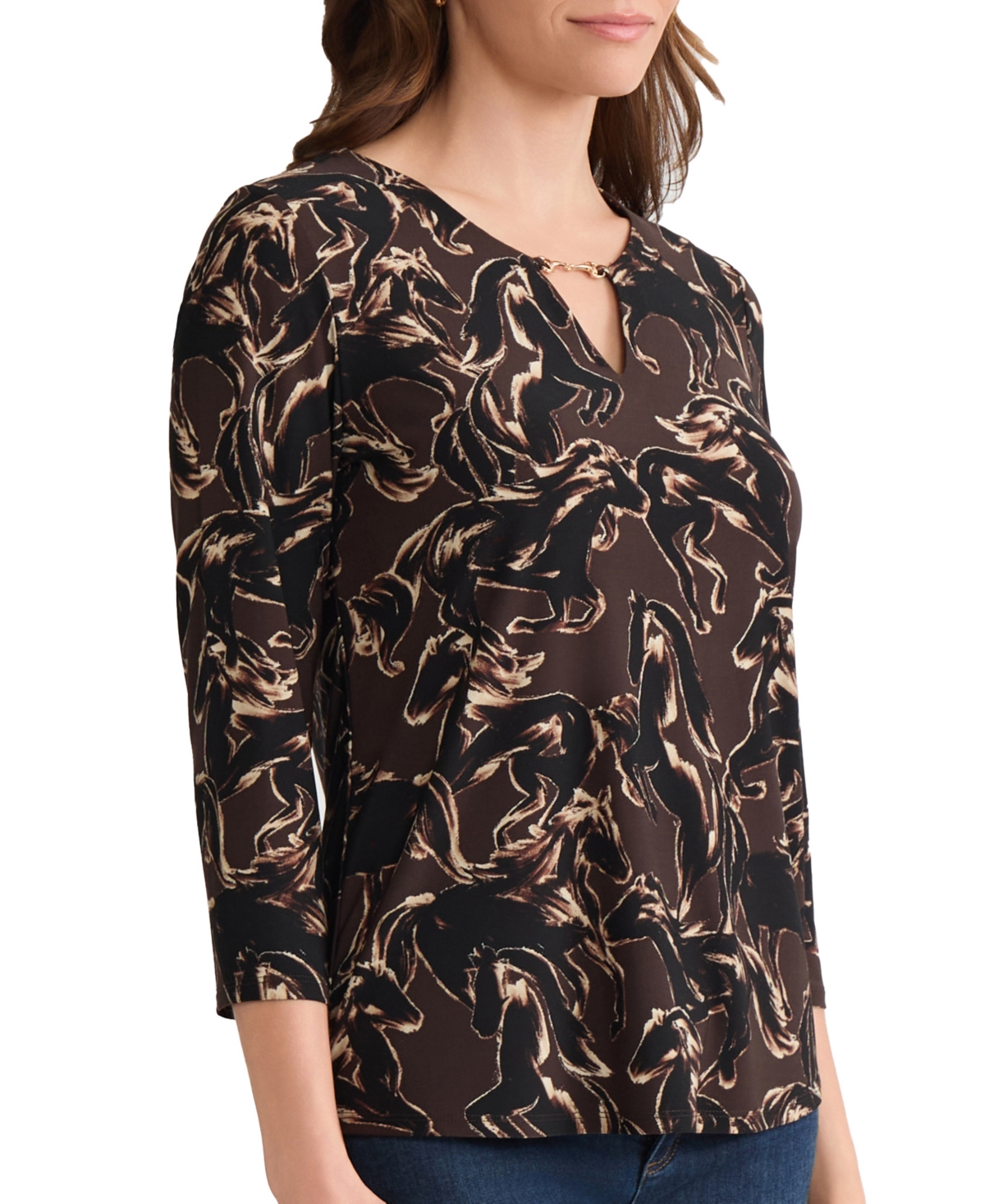 Jones New York Floral V-neck Jersey Top In Brown