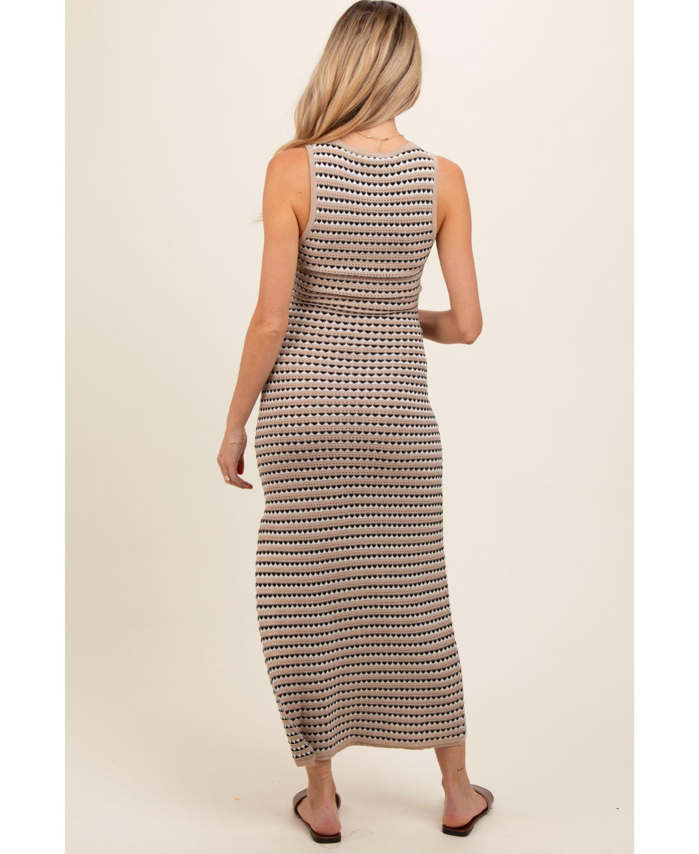 Женское платье Pinkblush Beige Striped Knit Fitted Sleeveless Maxi, цвет: Бежевый — фото 10