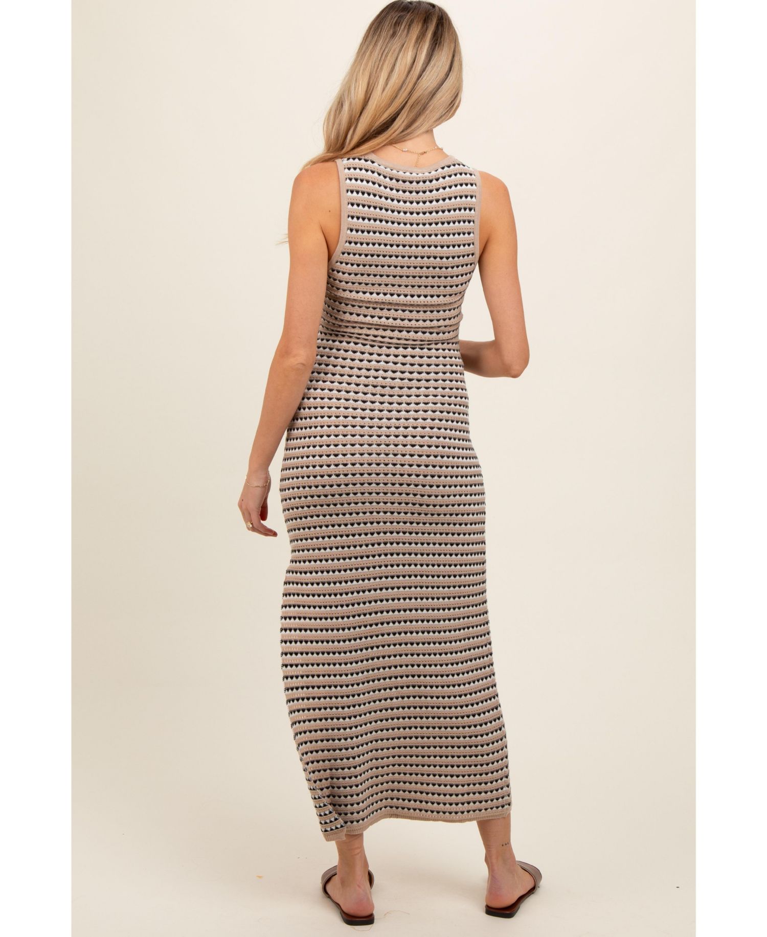 Women's Beige Striped Knit Fitted Sleeveless Maxi Dress