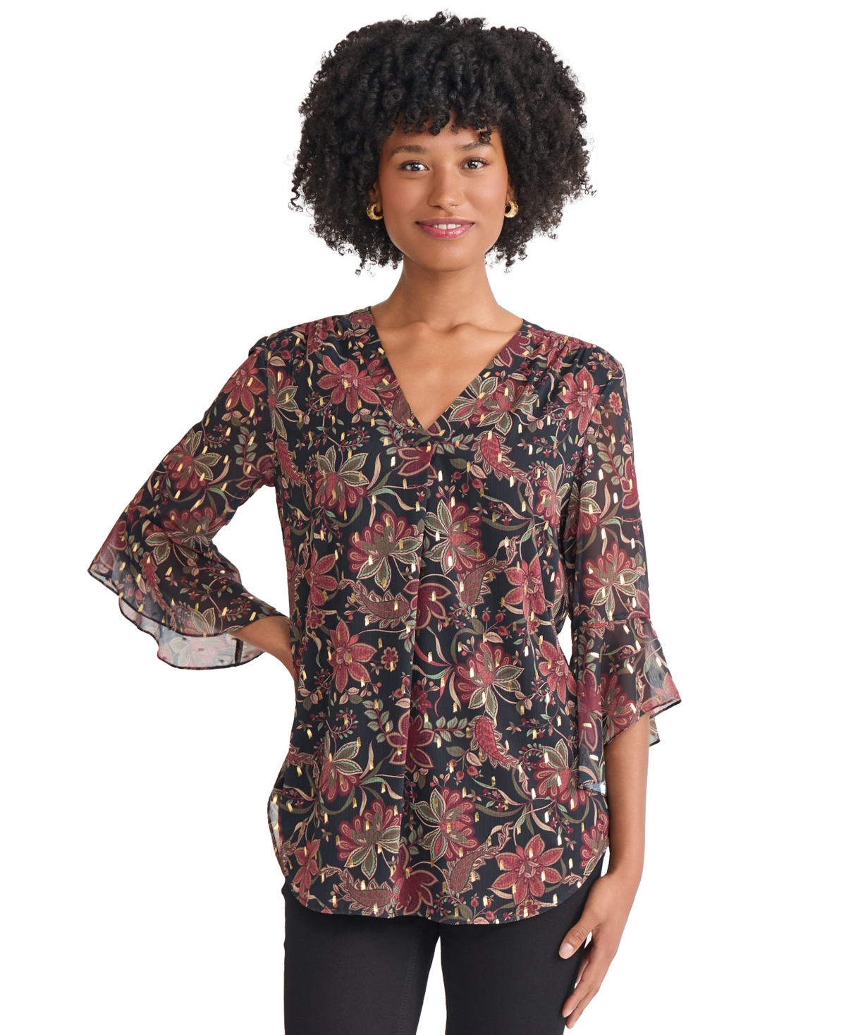 Jones New York Floral Flutter Sleeve Top In Black