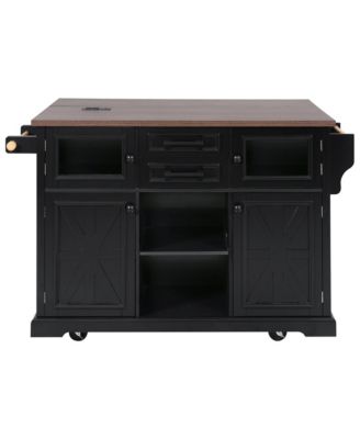 54.9" Kitchen Island with Drop Leaf, Power Outlet, Storage Cart with Glass & Barn Doors, 4 Shelves&Wheels (No Stools)