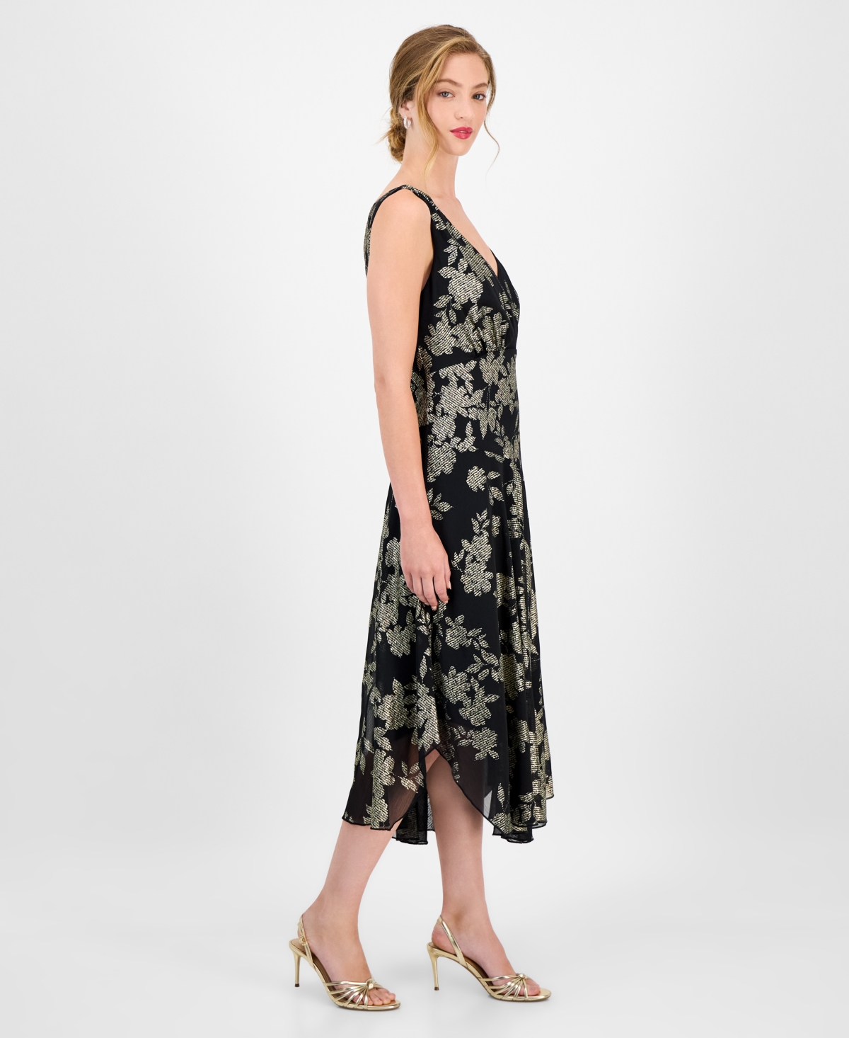 Connected Women's Foil Chiffon Asymmetric-hem Dress In Black