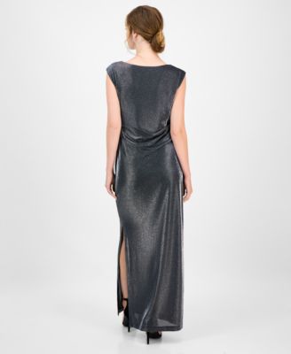 Women's Knit Draped-Neck Metallic Gown