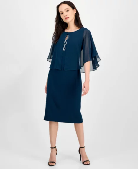 Petite Cape Overlay Round Neck Dress - Dark Mallard