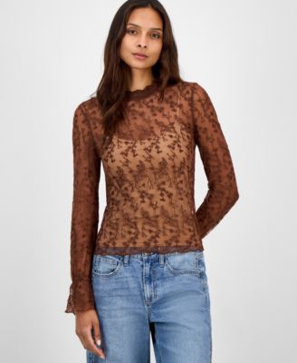 And Now This - Women's Embroidered Mesh Mock Neck Top