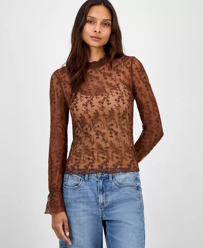 Women's Embroidered Mesh Mock Neck Top