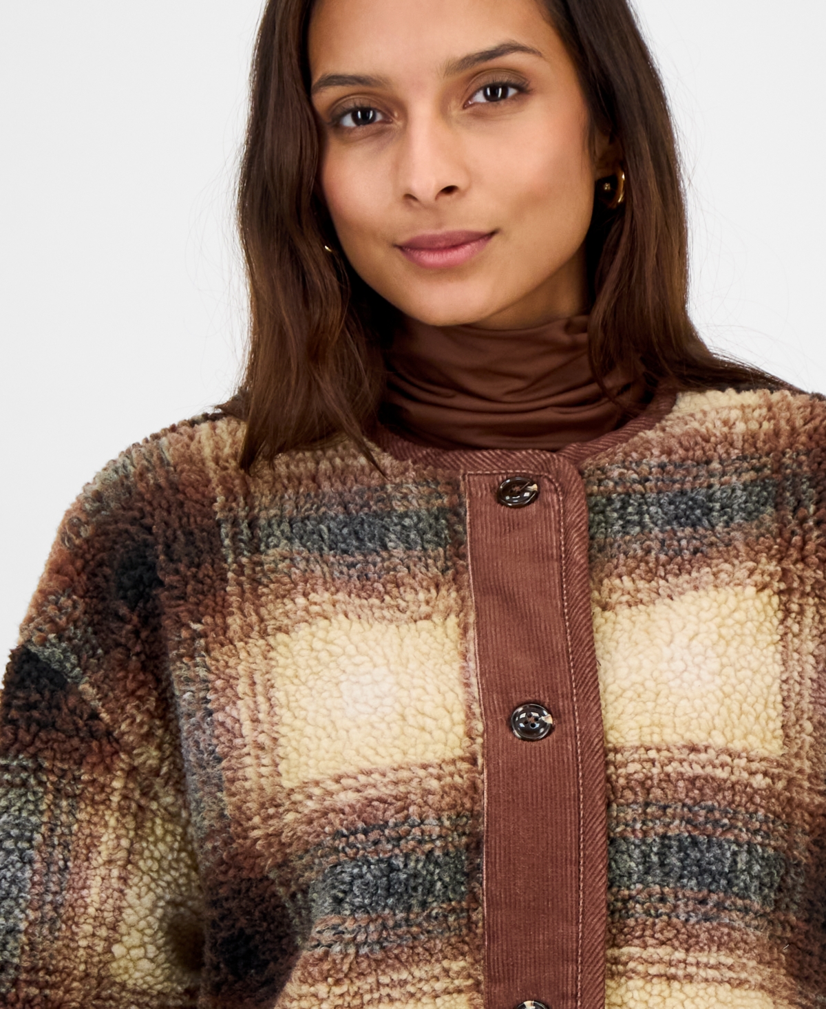 And Now This Women's Plaid Sherpa Fleece Collarless Jacket, Macy's Exclusive In Brown