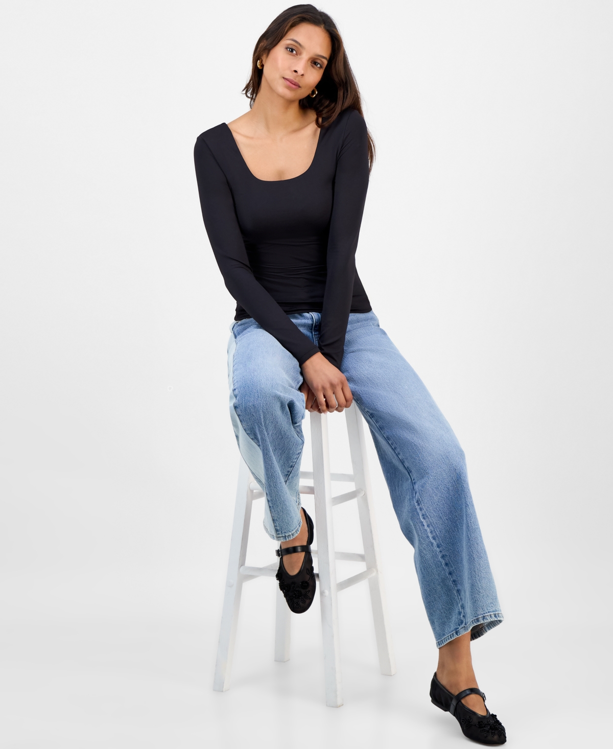 And Now This Women's Scoop-neck Second-skin Long-sleeve Top, Macy's Exclusive In Black