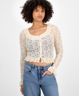 And Now This - Petite Button-Front Lace Knit Top