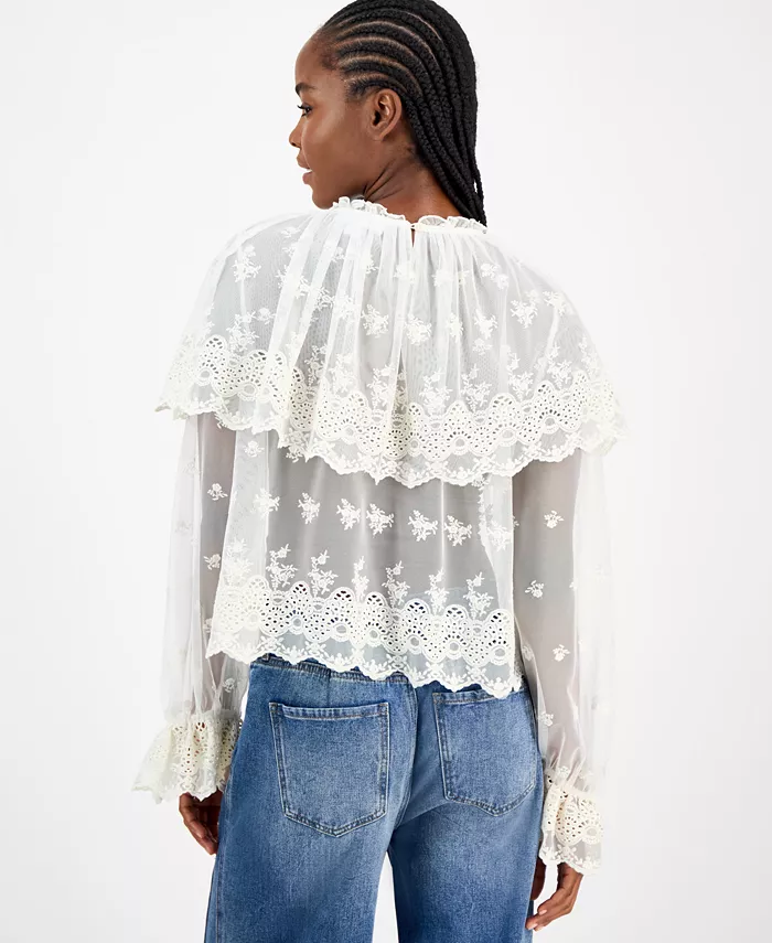 Women's Sheer Embroidered Capelet Blouse - thumbnail 2