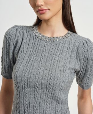 Women's Jewel Crewneck Short Sleeve Cable Sweater