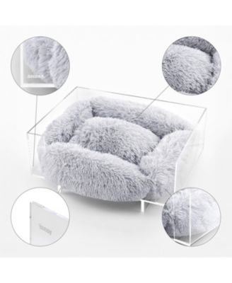 Carole 24" x 18" Small/Medium Modern Acrylic Calming Fluffy Pet Bed with Washable Cushion, Light Gray/Clear