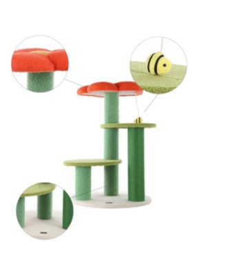 Poppy 29" 3-Tier Modern Jute Flower Cat Tree with Dangling Toy, Orange/Green