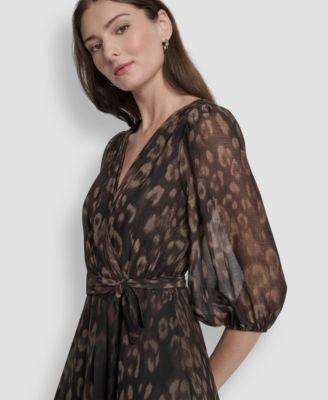 Women's Balloon Sleeve Faux Wrap Midi Dress