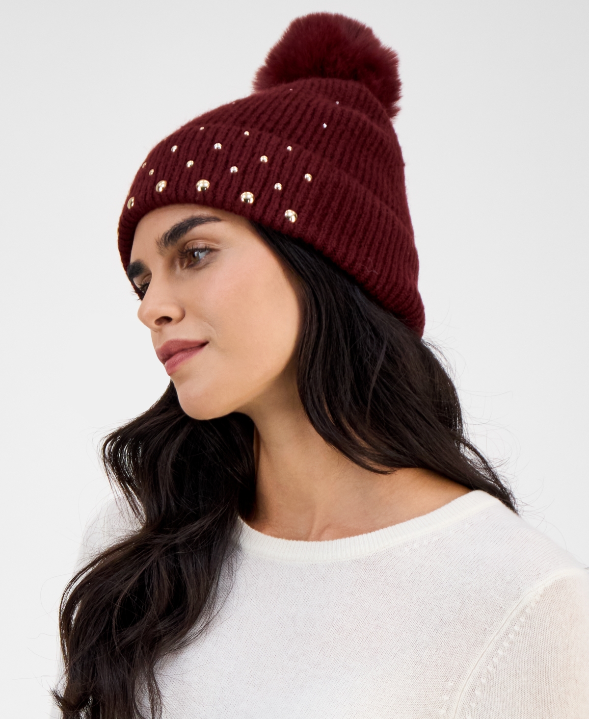Inc International Concepts Solid Studded Beanie, Macy's Exclusive In Burgundy