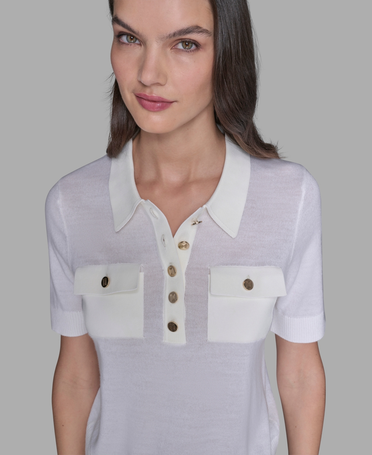 Karl Lagerfeld Women's Short-sleeve Button-front Sweater In White
