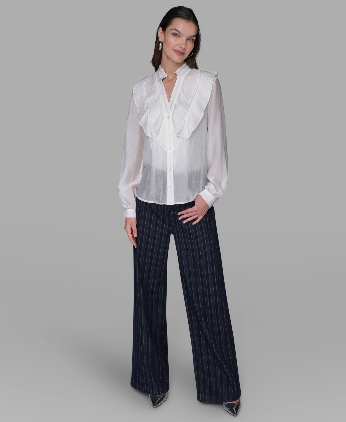 Karl Lagerfeld Women's Ruffle Button Woven Collar Neck Top In White