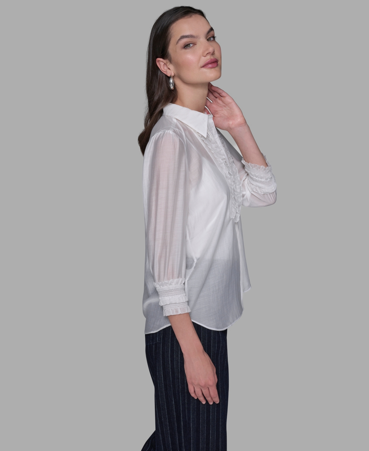 Karl Lagerfeld Women's Ruffle Button Woven Collar Neck Top In White