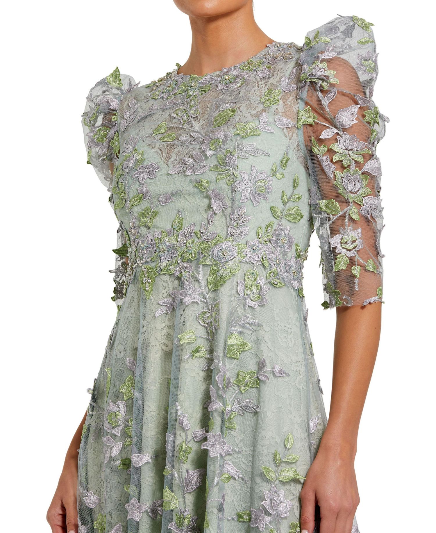 Women's Applique High Neck Puff Sleeve A Line Dress