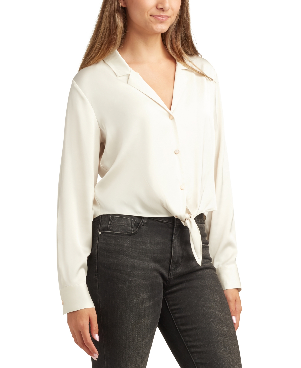 Bcx Juniors Long-sleeve Tie-hem Long-sleeve Satin Top In White
