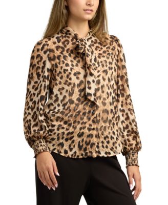 Juniors Printed Tie-Neck Long-Sleeve Blouse