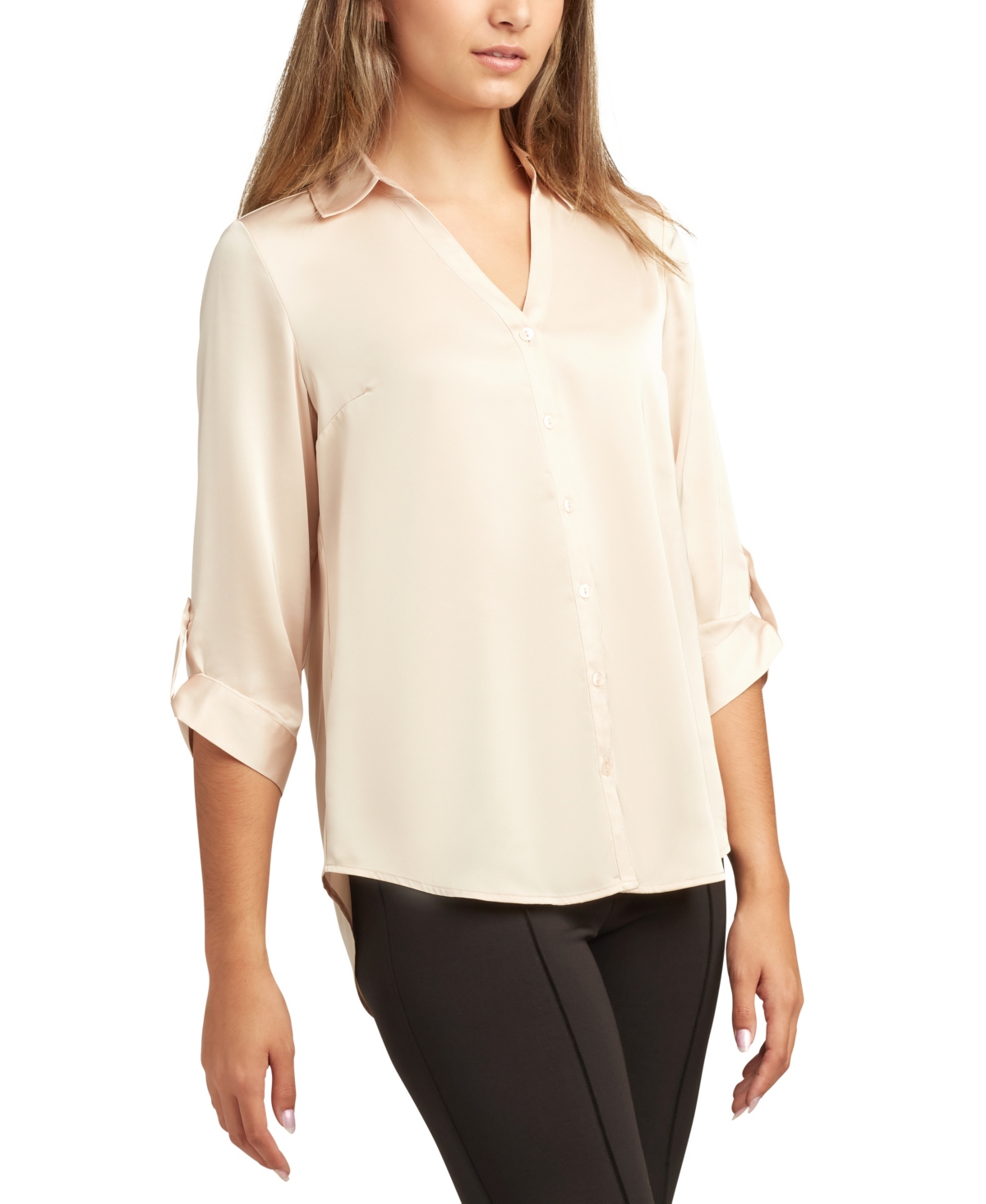 Bcx Juniors Stretch Satin Button-up 3/4-sleeve Top In Gold