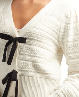 Juniors V-Neck Bow-Trim Long-Sleeve Cardigan