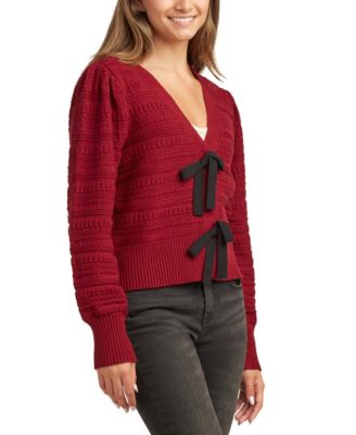Juniors V-Neck Bow-Trim Long-Sleeve Cardigan