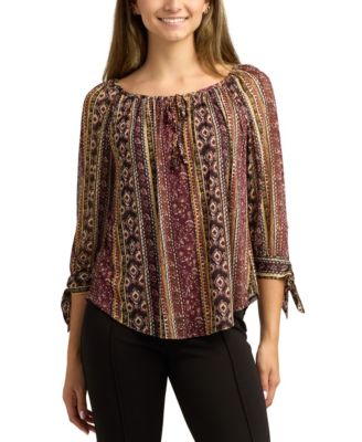 BCX - Women's Printed Scoop-Neck 3/4-Sleeve Peasant Top