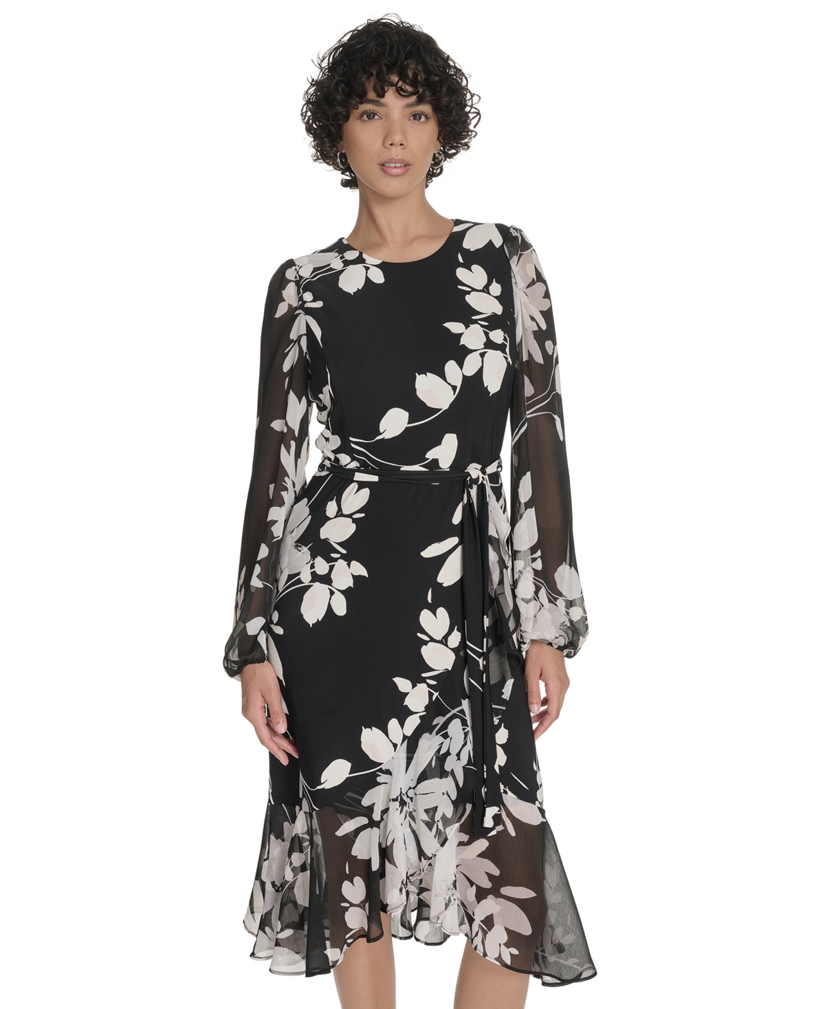 Tommy Hilfiger Floral Long Sleeve Ruffle Mixed Media Midi Dress In Multi