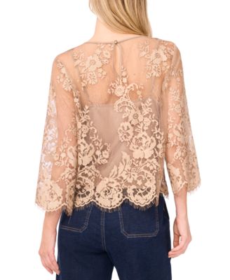 Women's Floral-Lace Scalloped-Hem 3/4-Sleeve Top
