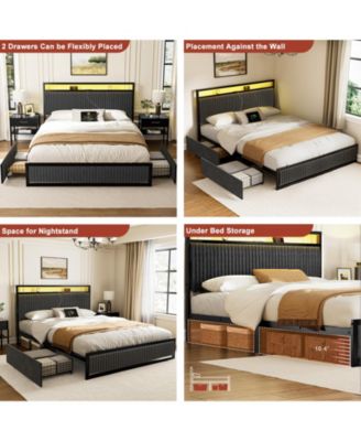 Upholstered Queen Bed Frame with 2 Storage Drawers, LED Headboard, USB Ports, Dark Gray