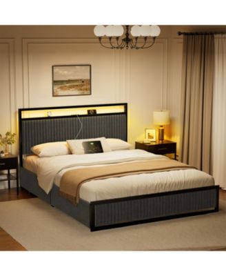 Upholstered Full Bed Frame with 2 Storage Drawers, LED Headboard, USB Ports, Dark Gray