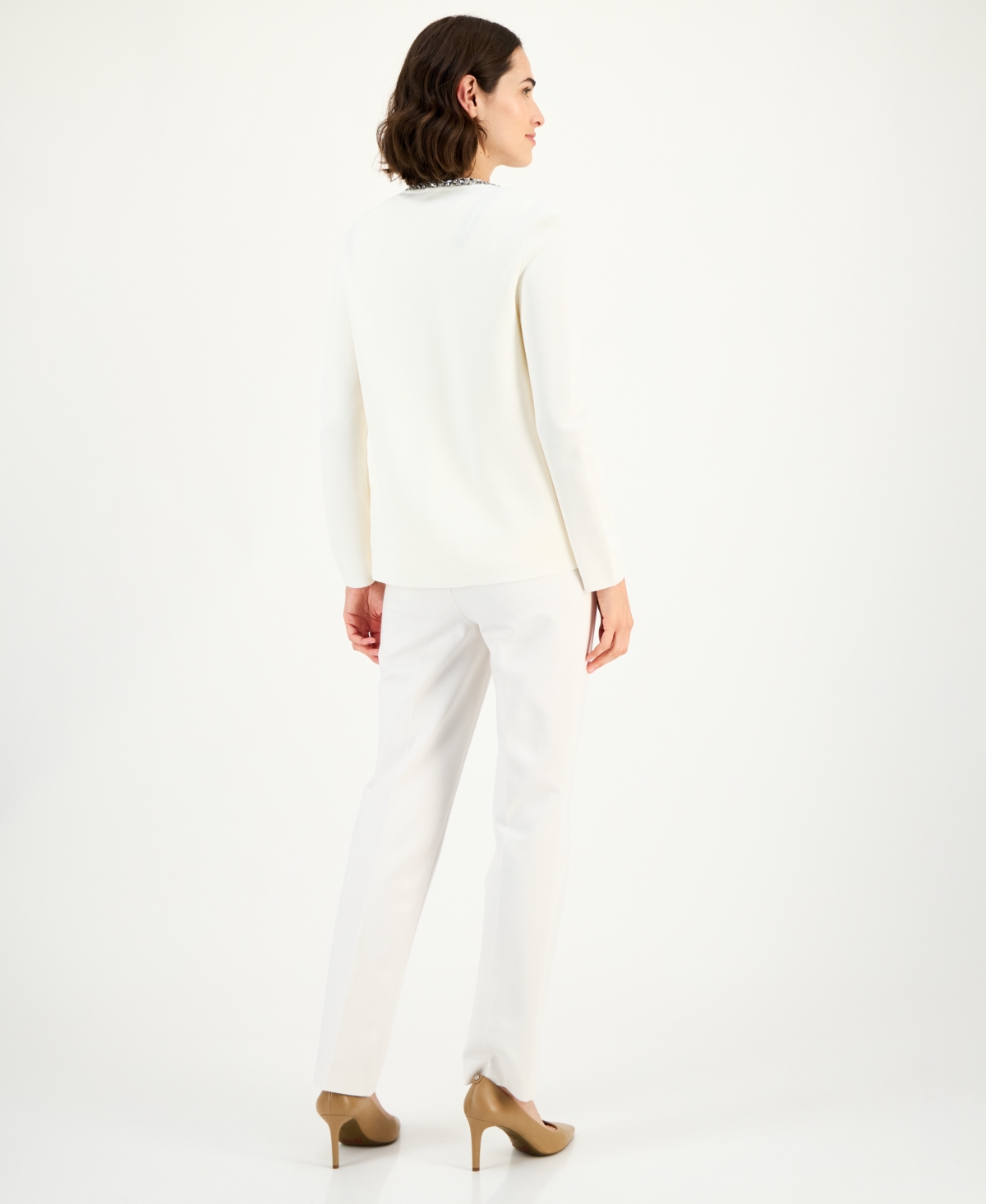 Anne Klein Womens Rhinestone Trim Cardigan Sleeveless Knit Top Bootcut Suit Pants In White