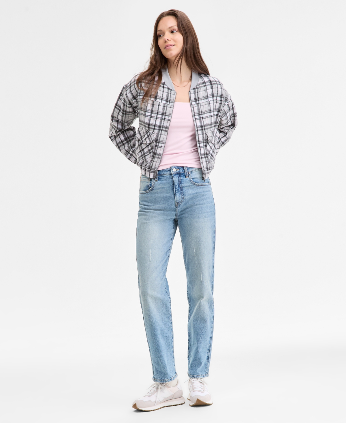 Madden Girl Juniors' Plaid-print Bomber Jacket In Black