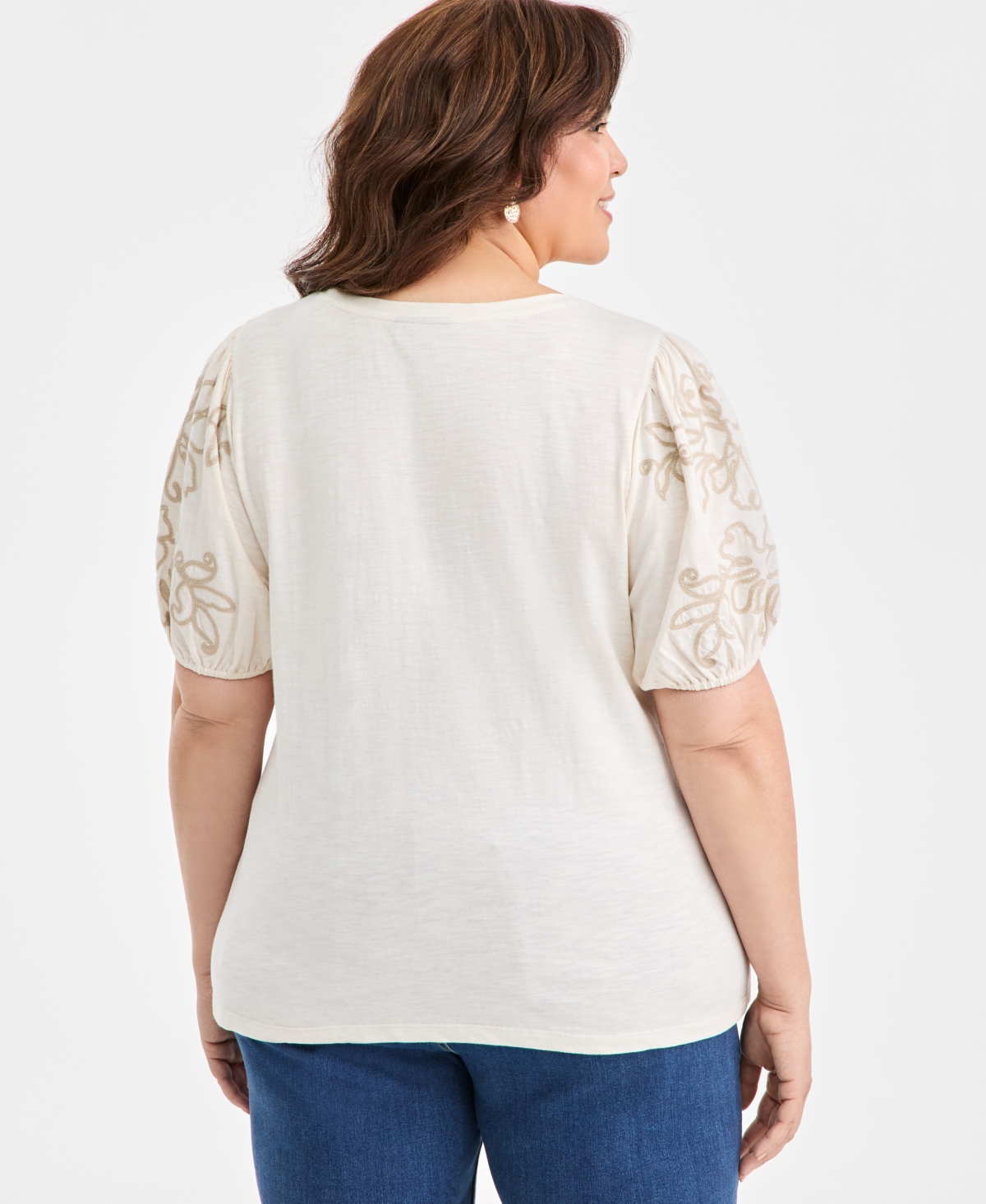 Style & Co Plus Size Cotton Embroidered-sleeve Top, Macy's Exclusive In White