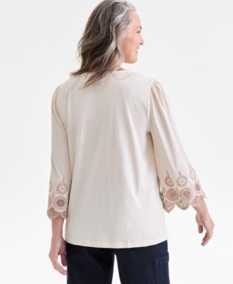 Women's Embroidered-Cuff Split-Neck Blouse, Macy’s Exclusive