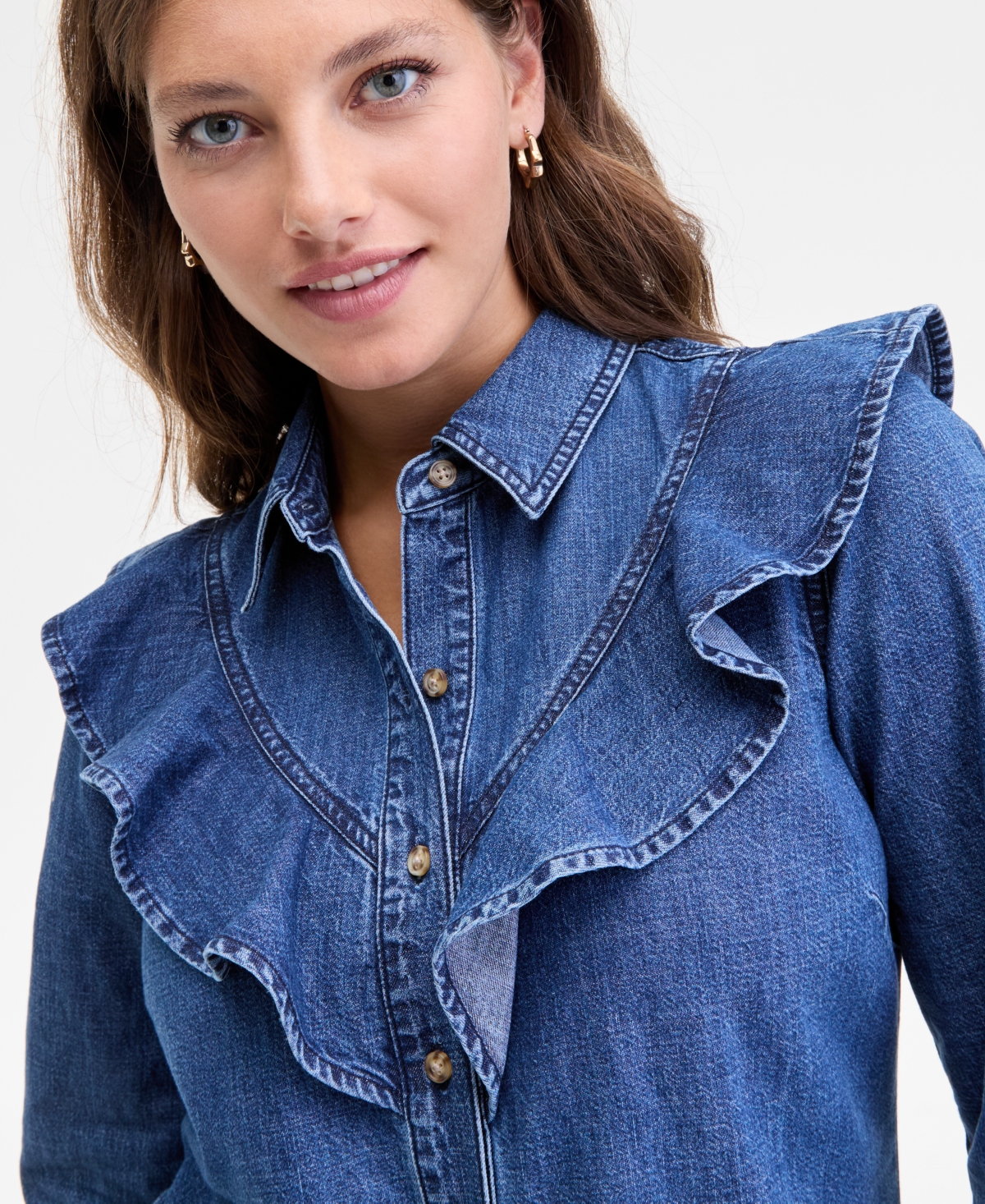 On 34th Women's Denim Ruffle Shirt, Macy's Exclusive In Blue