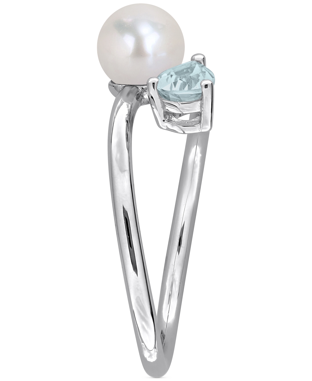 Macy's Cultured Freshwater Pearl (6mm) & Aquamarine (3/8 Ct. T.w.) Bypass Ring In Sterling Silver In Neutral