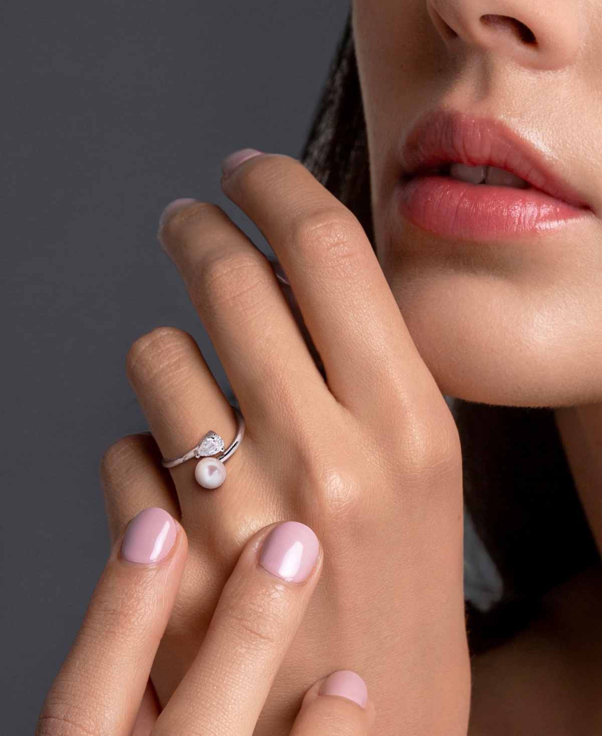 Macy's Cultured Freshwater Pearl (6mm) & Lab Grown White Sapphire (5/8 Ct. T.w.) Bypass Ring In Sterling Si In Silver