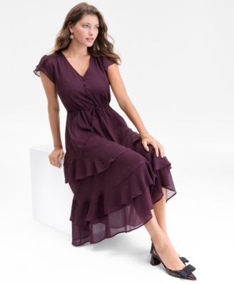 Women's Chiffon Flutter-Sleeve Tiered-Hem Midi Dress, Macy's Exclusive