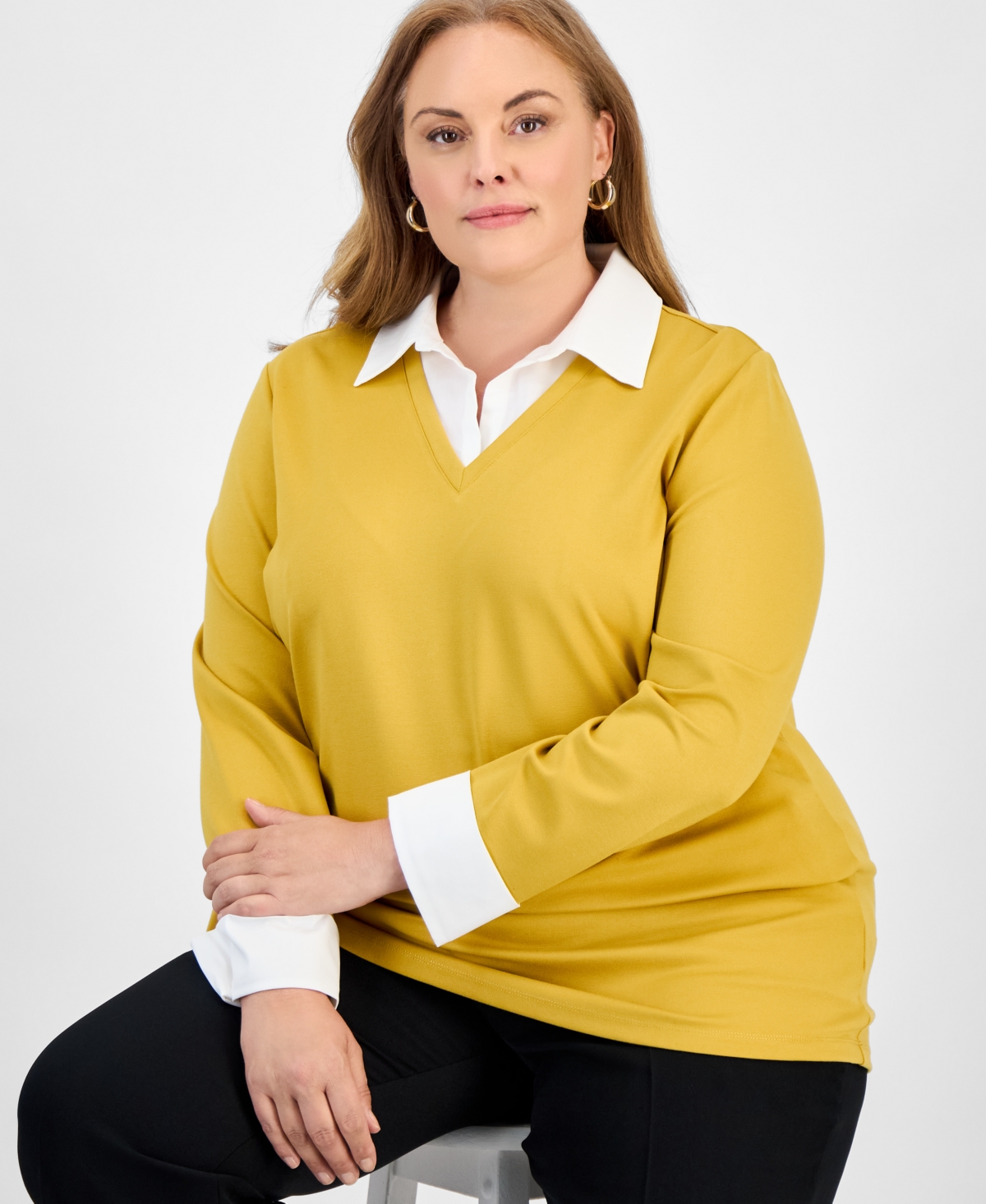 Jones New York Plus Size Serenity Knit Two-fer Sweater In Yellow