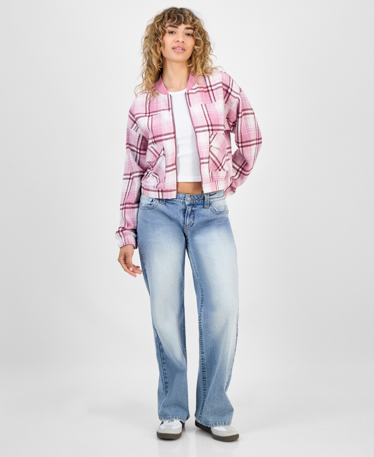 Madden Girl Juniors' Plaid-print Bomber Jacket In Pink
