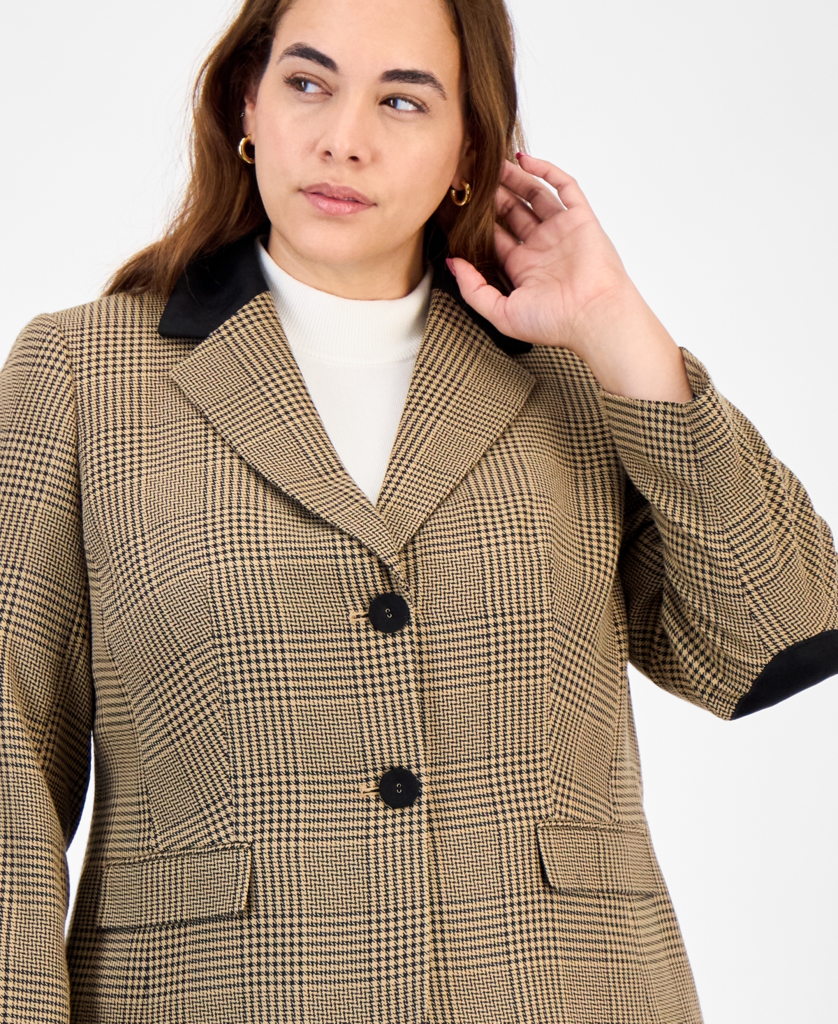 Kasper Plus Size Plaid Elbow-patch Two-button Jacket In Pattern