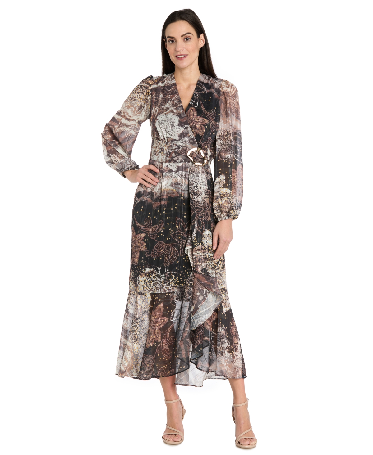 R & M Richards Women's Chiffon Surplice-neck Midi Dress In Gray