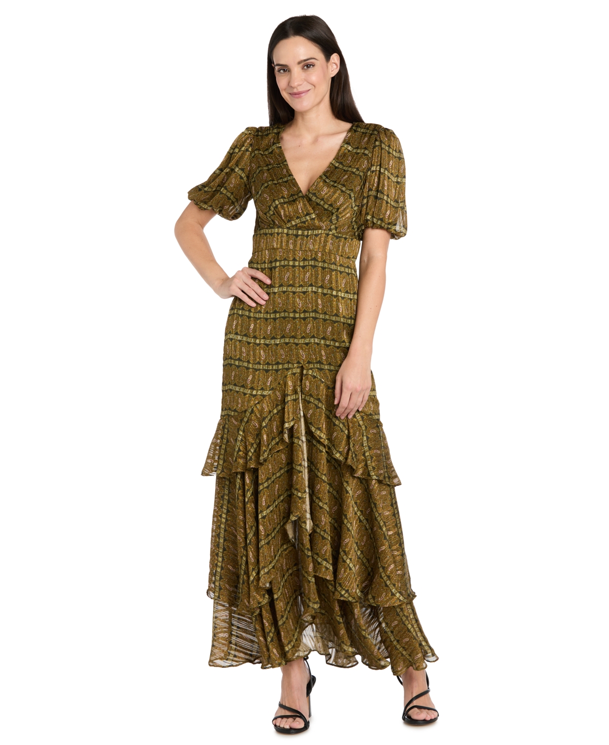 R & M Richards Women's Satin Metallic Stripe Puff-sleeve Dress In Green