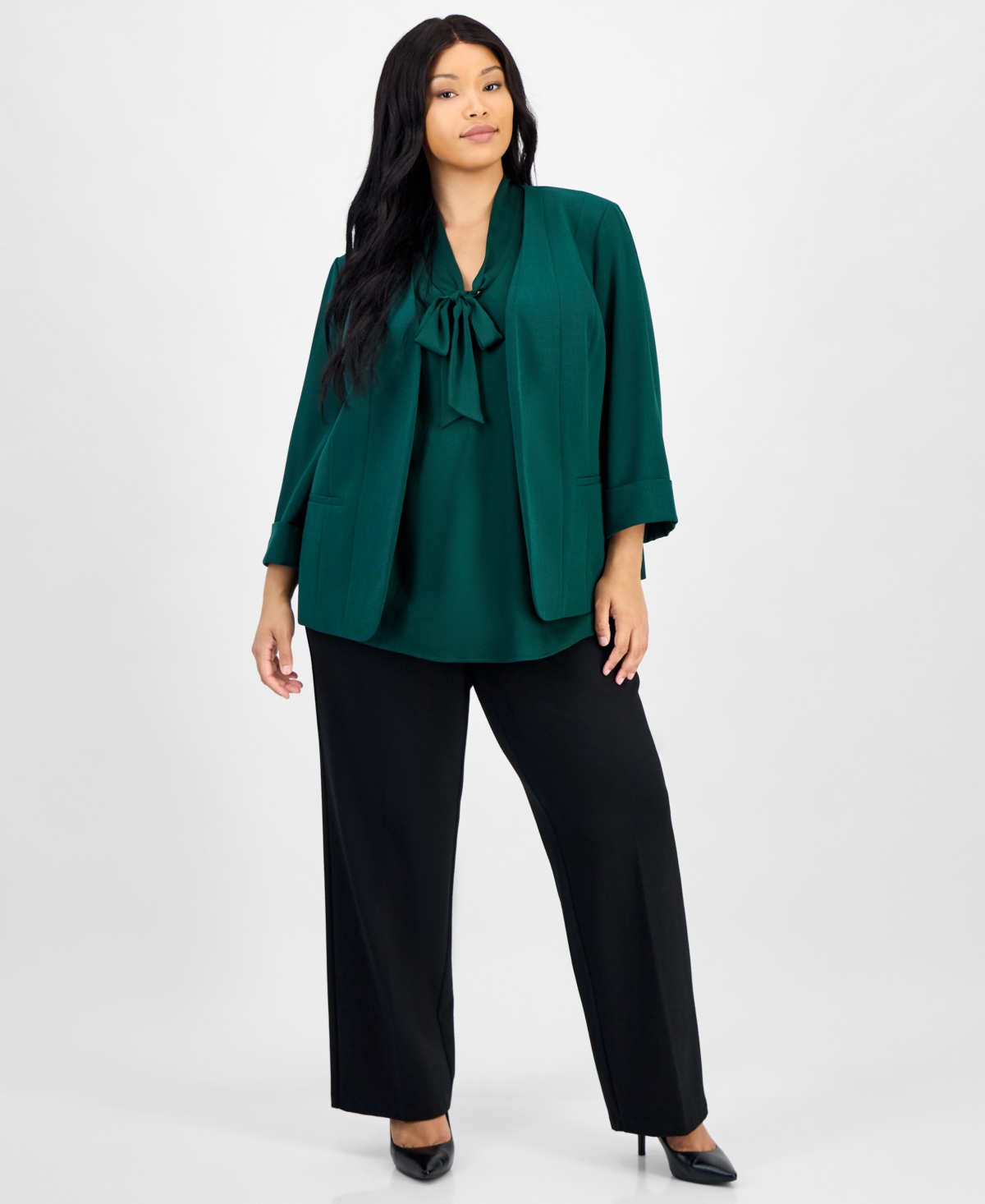 Kasper Plus Size 3/4-sleeve Open-front Blazer In Green