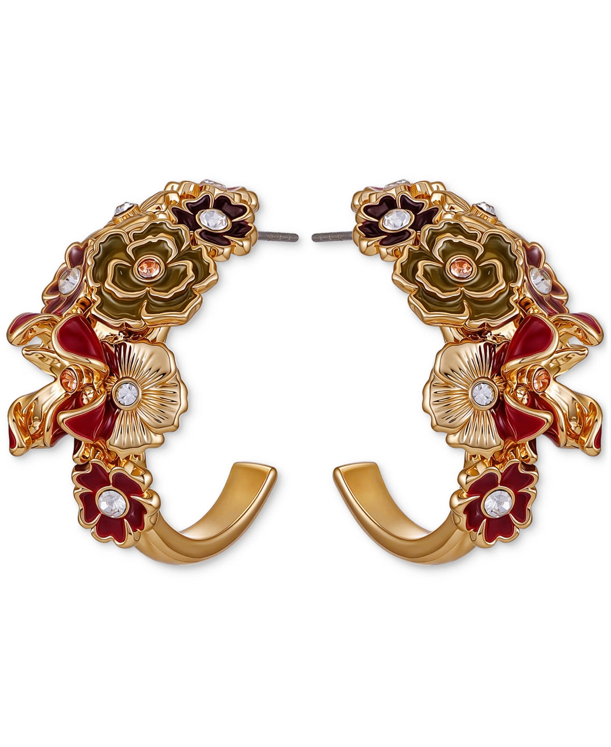 Guess Gold-tone Floral Enamel Crystal Half-hoop Earrings In Gold