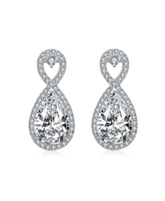 Sterling Silver with White Gold Plated Clear Pear and Round Cubic Zirconia Infinity Drop Earrings
